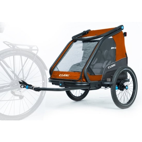 CUBE Double CMPT-Trailer - Kids trailer voor twee personen - Fietsaanhanger en kinderbuggy in één - Kiddie Trailer bestand tegen alle weersomstandigheden - Met 70L bagageruimte - Grijs/Oranje