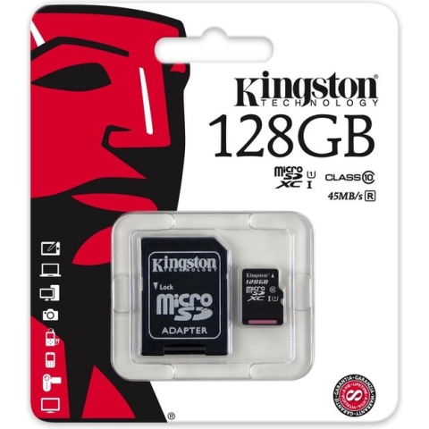 Kingston microSD kaart 128 GB + SD Adapter
