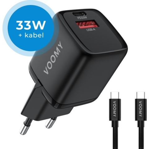 Voomy Oplader 33W + USB-C Kabel - Snellader Apple Iphone 11, 12, 13, 14 & Samsung S20, S21, S22, A53 - USB-C & USB-A Poort - Adapter Universeel - Zwart