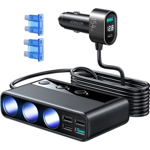 Joyroom Autolader met Sigarettenaansteker Splitter Snellader 154W Zwart [3 x 12V, 4 x USB-A, USB-C, QC3.0 USB-A]