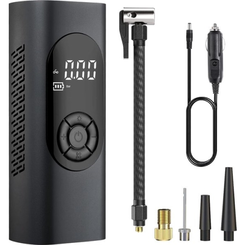 Fuegobird - 6000 mAh Electric Pump - 150 PSI Fietspomp - Miniatuur elektrische fietspomp met SOS LED - Ontworpen voor AUTO-banden - Bicycles - Elektrische Bicycles - BALL sports - Inclusief 2 opblaasslangen.