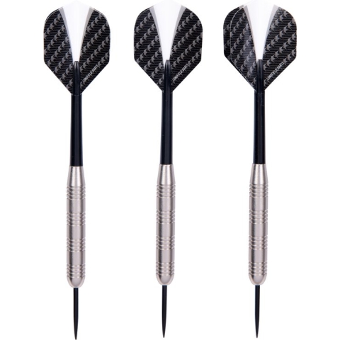 Steeltip darts set ( 3 stuks ), 23 gram met tungsten look barrel, zwarte shaft en Longfield zwart-wit flight