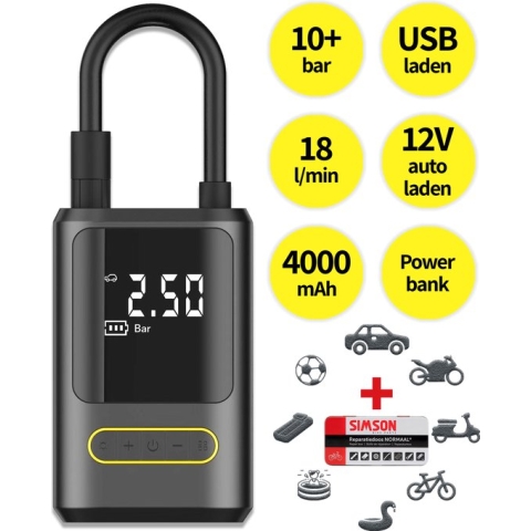 TomorrowNow® Airforce - Oplaadbare Fietspomp - Draagbare Elektrische Pomp - 18 l/min - 10.3 Bar - Auto - Motor - Scooter - Brommer - Fiets - Bal - Luchtbed - Zwembad - Powerbank Functie - USB-C/12V Autolader Laden - 4000 mAh - Noodlamp