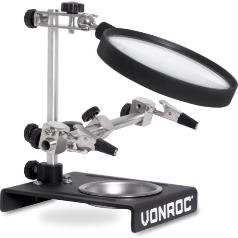 VONROC Derde hand met vergrootglas – Incl. 2 verstelbare armen, zware voet en opvang bakje