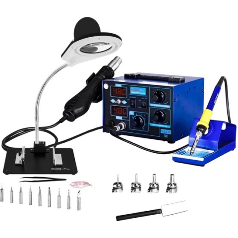 Stamos Set soldeerstation - 2 Displays - 700 Watt - Soldeerbout - Hete lucht strijkijzer - Vergrotende lamp - max 480 ° C