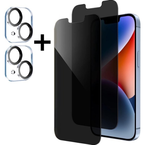 Podec 2x Privacy Screenprotector en 2x Camera Lens Protector voor iPhone 14 - Gehard Beschermglas - Transparant en Krasbestendig - Tempered Glass Screen Cover