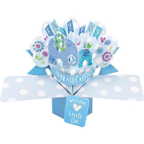 3D Pop-up wenskaart met envelop – Baby Boy – Elephants