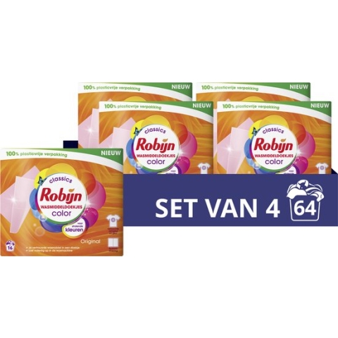 Robijn Classics Color Wasmiddeldoekjes - 4 x 16 wasstrips - Voordeelverpakking