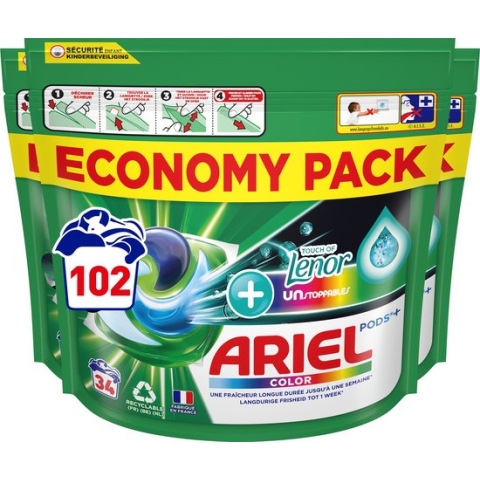 Ariel Wasmiddel Pods +Touch Van Lenor Unstoppables - Kleur - 3 x 34 Wasbeurten Voordeelverpakking