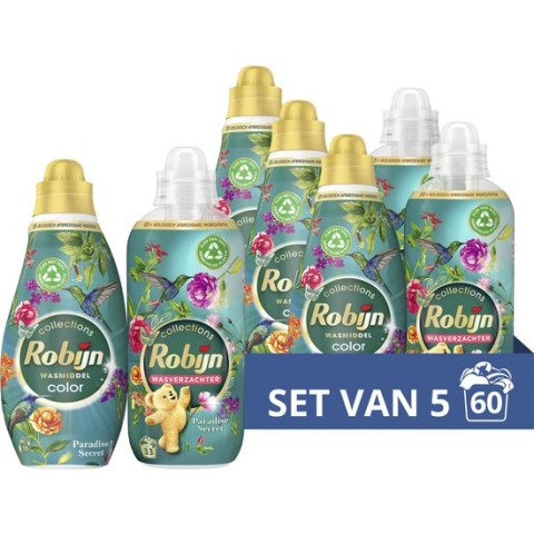 Robijn Perfect Match Color Paradise Secret Vloeibaar Wasmiddel en Wasverzachter Pakket - set van 5 (60 wasbeurten) - Voordeelverpakking