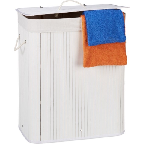 Relaxdays 1x wasmand 2 vakken - bamboe wasbox wit - 95 liter - opvouwbaar - met deksel
