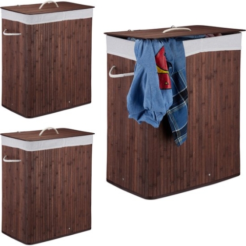 Relaxdays 3x wasmand 2 vakken - bamboe wasbox - 95 liter - opvouwbaar - met deksel