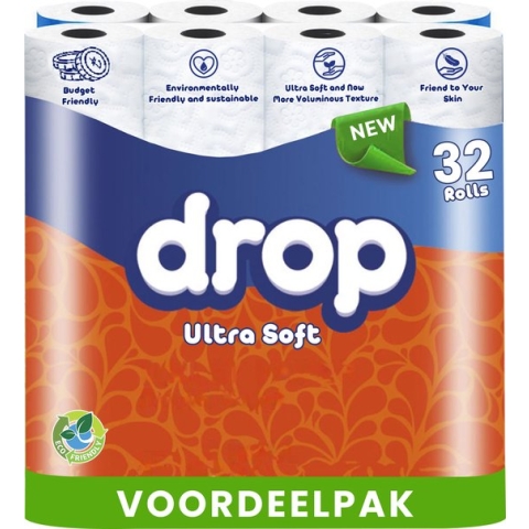 Drop - Ultra Soft - 1x32 rollen toiletpapier - 32 rollen - Ultiem comfort WC Papier, Superieure sterkte, Maximale absorptie & Pluisvrij - Voordeelverpakking WC Papier