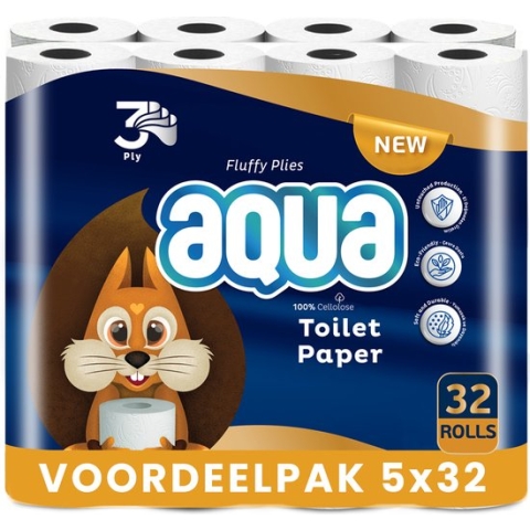 AQUA - Tripple Soft - 5x32 rollen WC papier - 160 Rollen - Tripple comfort, 3 Laags Toiletpapier, Extra Zacht & Pluisvrij - Voordeelverpakking WC Papier
