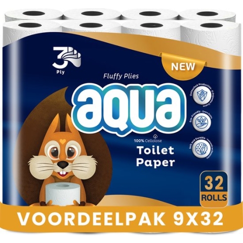 AQUA - Tripple Soft - 9x32 rollen WC papier - 288 Rollen - Tripple comfort, 3 Laags Toiletpapier, Extra Zacht & Pluisvrij - Voordeelverpakking WC Papier