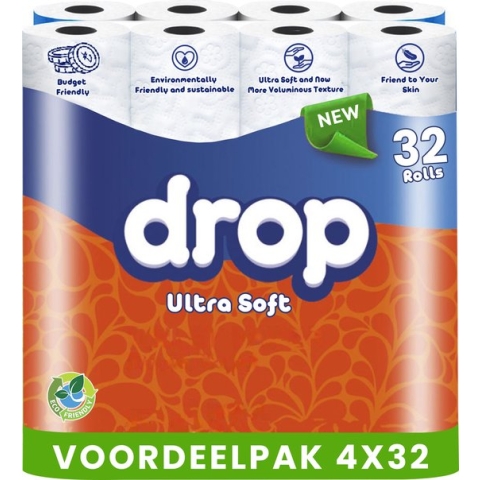 DROP - Ultra Soft - 4x32 rollen toiletpapier - 128 rollen - Ultiem comfort WC Papier, Superieure sterkte, Maximale absorptie & Pluisvrij - Voordeelverpakking WC Papier