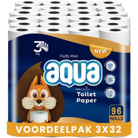 AQUA - Tripple Soft - 3x32 rollen WC papier - 96 Rollen - Tripple comfort, 3 Laags Toiletpapier, Extra Zacht & Pluisvrij - Voordeelverpakking WC Papier