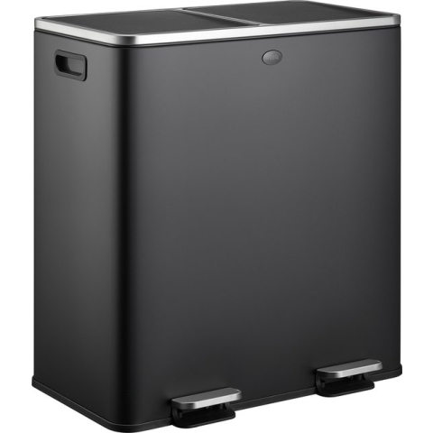 HÜSQ Prullenbak 60 Liter (30+30L) - Grote Pedaalemmer in Metaal met 2 Vakken voor Afvalscheiding - Soft-close Duo Afvalbak voor Kantoor of Keuken - Vuilnisbak in RVS - Prullenbak 60 Liter - mat zwart