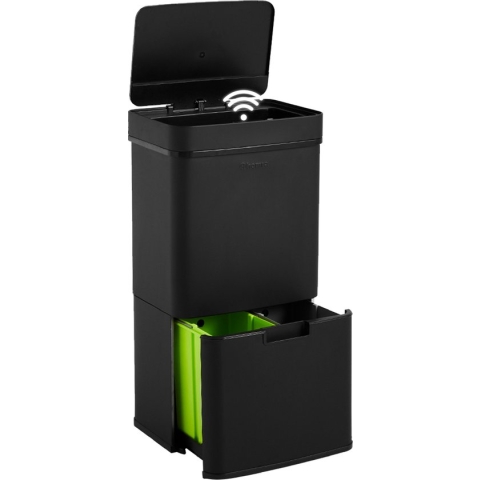 Homra Nexo Prullenbak Afvalscheiding 72 Liter - Zwarte Sensor Prullenbak 3 vakken - 2x12L + 48L - Recycle Afvalbak - Vuilnisbak voor huishouden en kantoor - Vuilbak keuken Afvalemmer - Afvalscheidingsprullenbakken - Automatische Soft Close Deksel