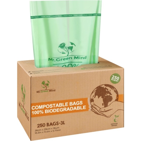 Biozakken 2/3 liter  250 stuks biologisch afbreekbare afvalzakken – 26 x 29 cm - 100% composteerbare vuilniszakken - Incl. dispenser - gft afvalzakken