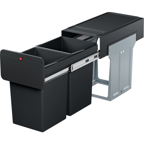 Hailo Tandem - Inbouw Prullenbak - 2x 14 Liter Inhoud - 25,1 x 40 x 49 cm - Met 2 Compartimenten - Zwart
