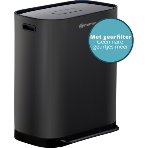 Dubbele Prullenbak 2x30L Homra Rockx - Duo Pedaalemmer 60L met Geurfilter - RVS Afvalscheidingsprullenbak 2 Vakken - Recycle Afvalbak - Vuilnisbak Keuken afval scheiden - Afvalemmer - Zwart