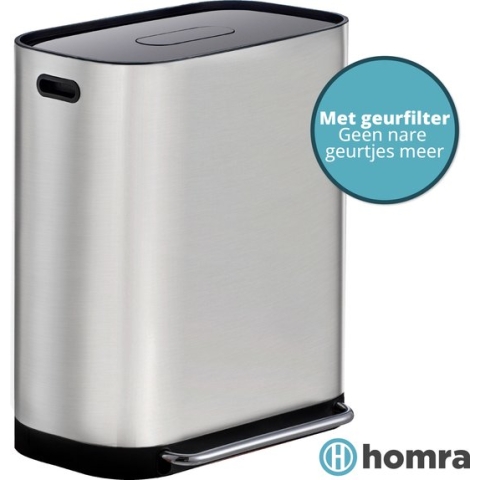 Dubbele Prullenbak 2x30L Homra Rockx - Duo Pedaalemmer 60L met Geurfilter - RVS Afvalscheidingsprullenbak 2 Vakken - Recycle Afvalbak - Vuilnisbak Keuken afval scheiden - Afvalemmer - mat RVS