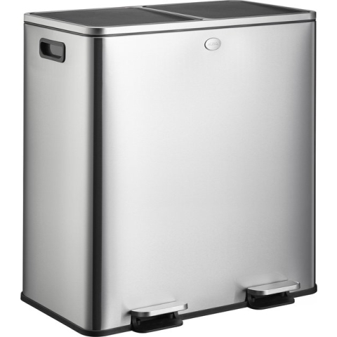 HÜSQ Vuilnisbak van 60 liter (2 x 30), grote Pedaalemmer voor Afvalscheiding, 2 Vakken en Binnenemmers, soft-close Vuilbak, luchtdichte Afvalbak - Prullenbak in RVS - Zilver