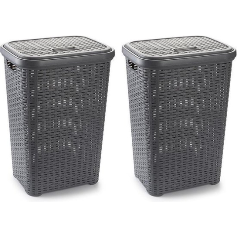 2x stuks grote rotan wasmand/opbergmand met deksel 60 liter in kleur lichtgrijs - Kunststof - L35 x B43 x H62 cm - Wasmanden