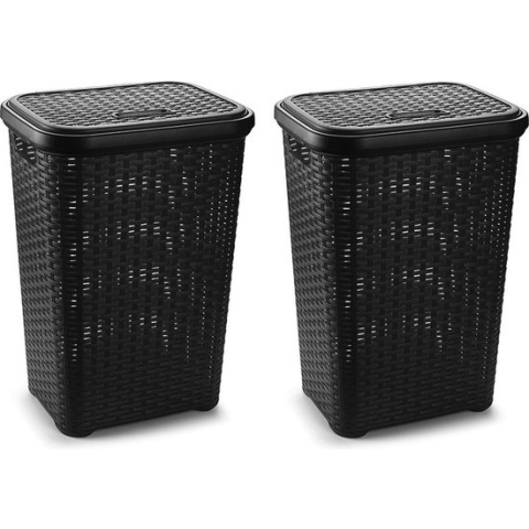 Forte Plastics - Wasmand rotan deksel 60 liter - set 2x stuks - zwart