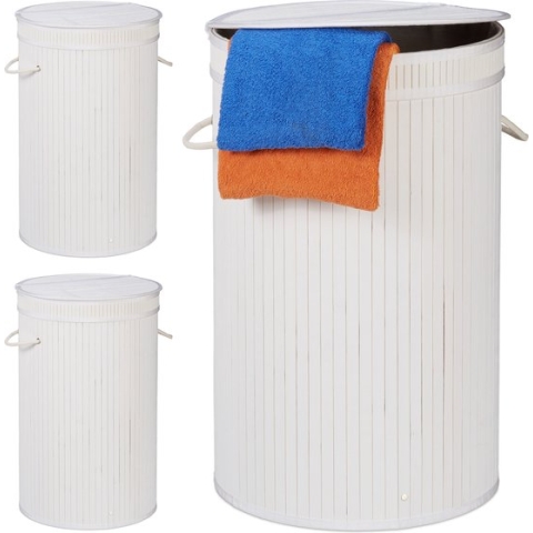 Relaxdays 3x wasmand bamboe - ronde wasbox met deksel - 63 x 40 cm - 65 liter - wit