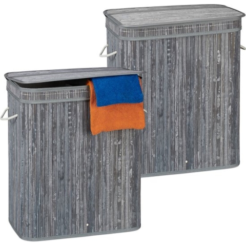 Relaxdays 2x wasmand met deksel - 2 vakken - bamboe wasbox - mand voor wasgoed - grijs