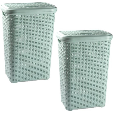 2x stuks grote rotan wasmand/opbergmand met deksel 60 liter in kleur lichtgroen - Kunststof - L35 x B43 x H62 cm - Wasmanden