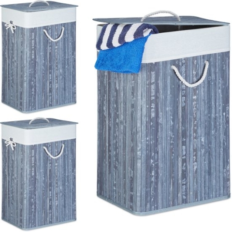 Relaxdays 3x wasmand bamboe - wasbox opvouwbaar - 80 L - 65,5 x 43,5 x 33,5 cm - grijs