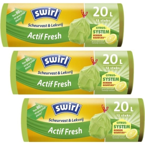 Swirl Actif Fresh pedaalemmerzakken met trekband 20L Multipack 3 rollen van 12 vuilniszakken = 36 vuilniszakken