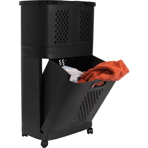 Eleganca 3-in-1 wasmand 102 Liter – Wasbox organizer – Wassorteerder met 3 vakken – Kunststof – L44xB31xH75 cm – Zwart