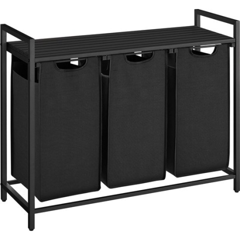 O'DADDY® Wasmand 3 vakken – wassorteerder - uitschuifbaar met plank - 92.5 x 33 x 71 cm – wasmand - 114L verdeeld over 3 zakken – wasmanden – wasmand zwart metaal - dark grey