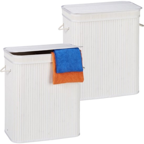 Relaxdays 2x wasmand met deksel - 2 vakken - bamboe wasbox - mand voor wasgoed - wit