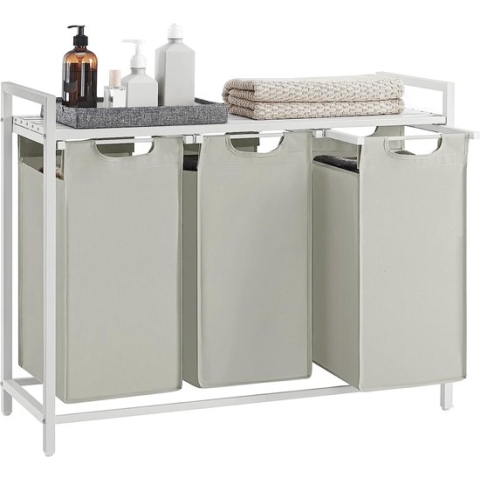 ACAZA Wasmand 3 Vakken - Wasverzamelaar met Plank - Wasbox - Waszak van Oxford-stof - Uitneembaar - metalen Frame, 3 x 38 L - 92,5 x 33 x 72 cm - Wit