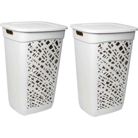 2x stuks wasmanden/wasboxen met deksel wit kunststof 60 liter - Wasmanden/wasboxen