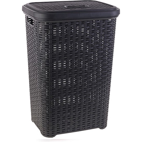 2x stuks grote rotan wasmand/opbergmand met deksel 60 liter in kleur donkergrijs - Kunststof - L35 x B43 x H62 cm - Wasmanden