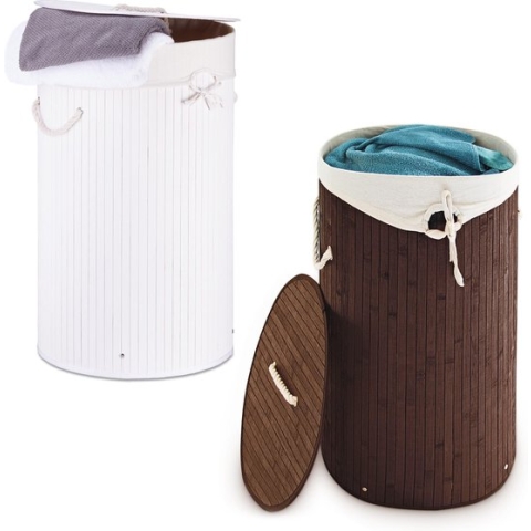 Relaxdays 2 x wasmand bamboe - wasmanden met deksel - rond - waszak katoen - bruin en wit