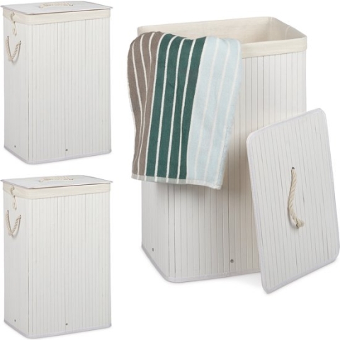 Relaxdays 3x wasmand bamboe - wasbox opvouwbaar - 80 L - 65,5 x 43,5 x 33,5 cm - wit