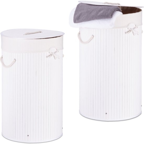 Relaxdays 2x wasmand bamboe - wasbox met deksel - 70 liter - rond - 65 x 41 cm - wit