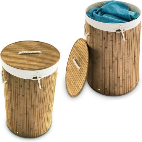 Relaxdays 2x wasmand bamboe - wasbox met deksel - 70 liter - rond - 65 x 41 cm - natuur