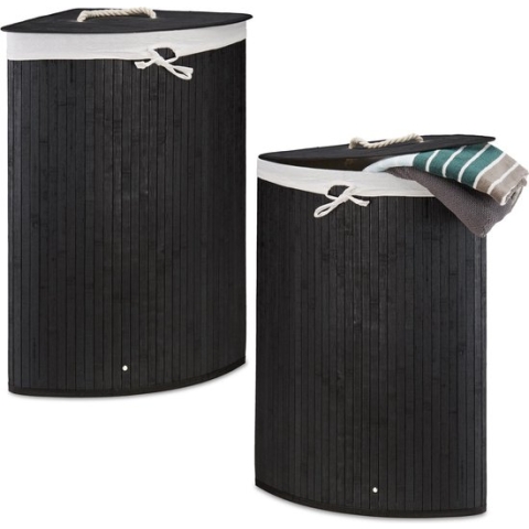 Relaxdays 2x wasmand bamboe - wasmanden met deksel - driehoek - 63 L - zwart