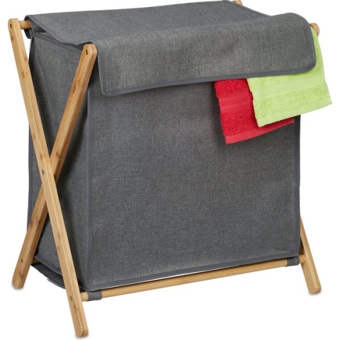 Relaxdays wasmand inklapbaar - met deksel - 60 liter - bamboe - stof - wasgoed mand