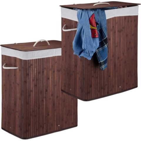Relaxdays 2x wasmand 2 vakken - bamboe wasbox - 95 liter - opvouwbaar - met deksel