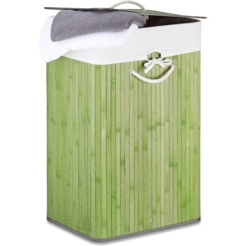 Relaxdays wasmand bamboe - wasbox opvouwbaar - wasgoedmand met deksel - badkamer - waszak - groen
