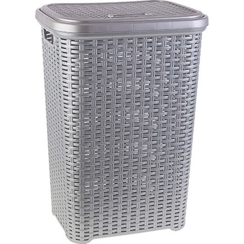 2x stuks grote rotan wasmand/opbergmand met deksel 60 liter in kleur zilver grijs - Kunststof - L35 x B43 x H62 cm - Wasmanden